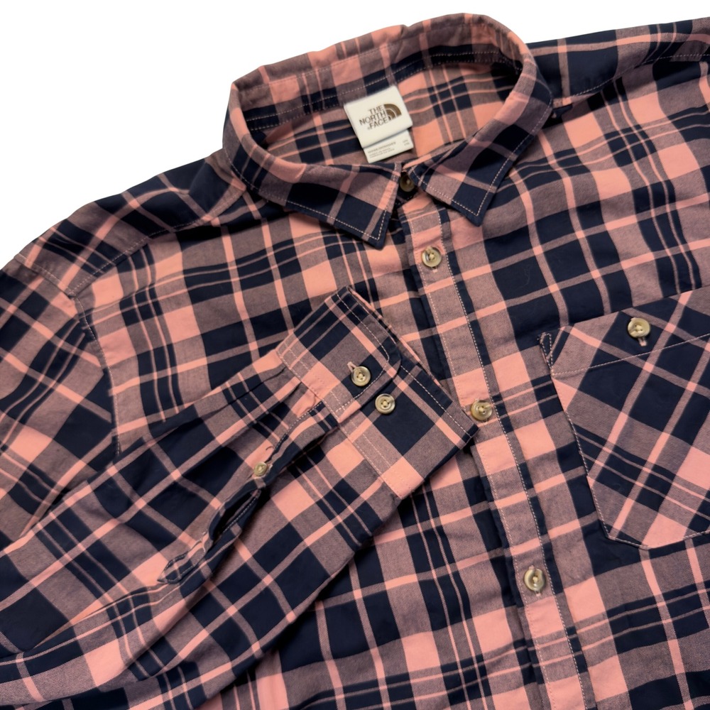 The North Face Mens XL Plaid Button Down Shirt Cotton Outdoor Pink Navy